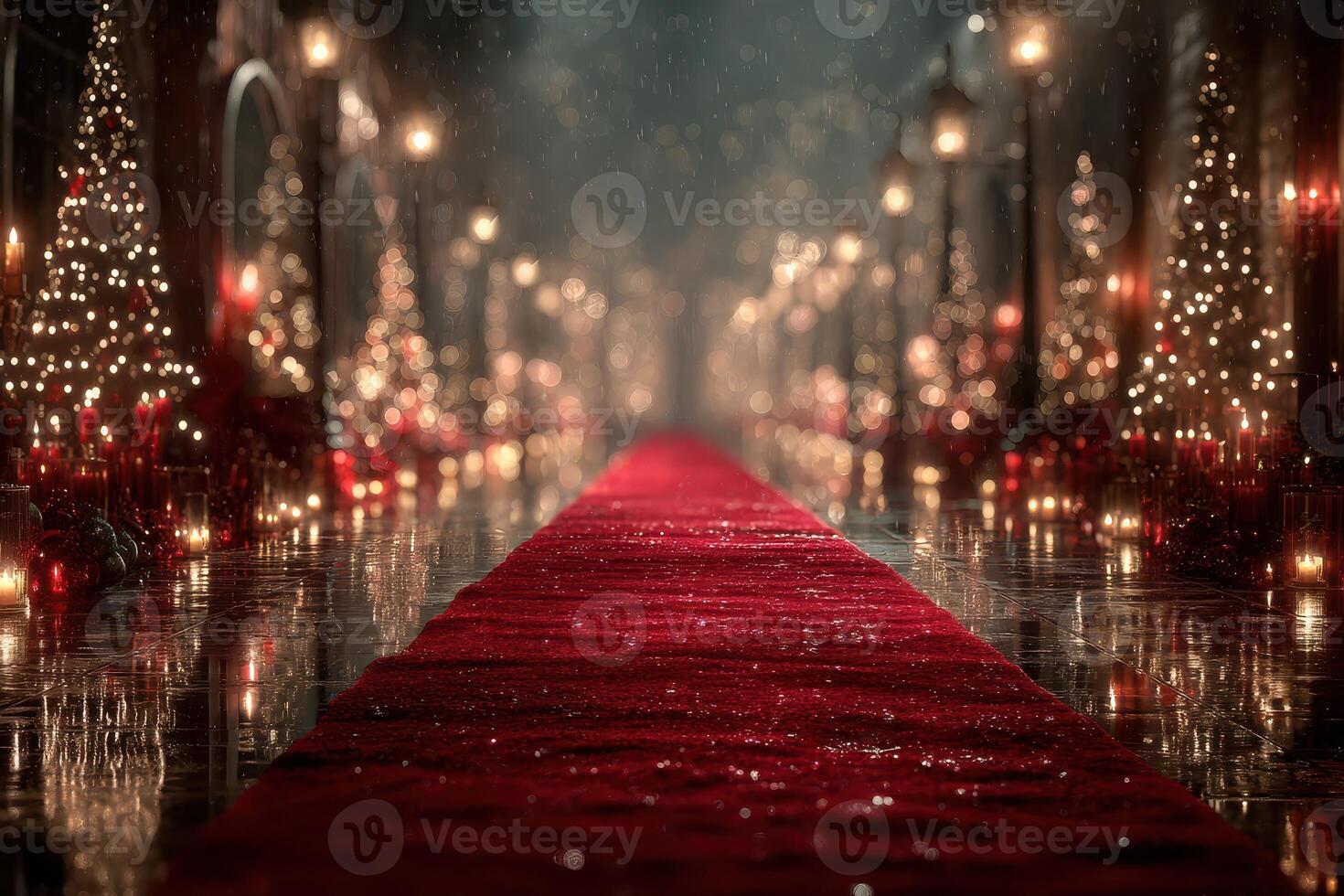 Elegant red carpet pathway lined with Christmas trees and lights on a rainy night photo