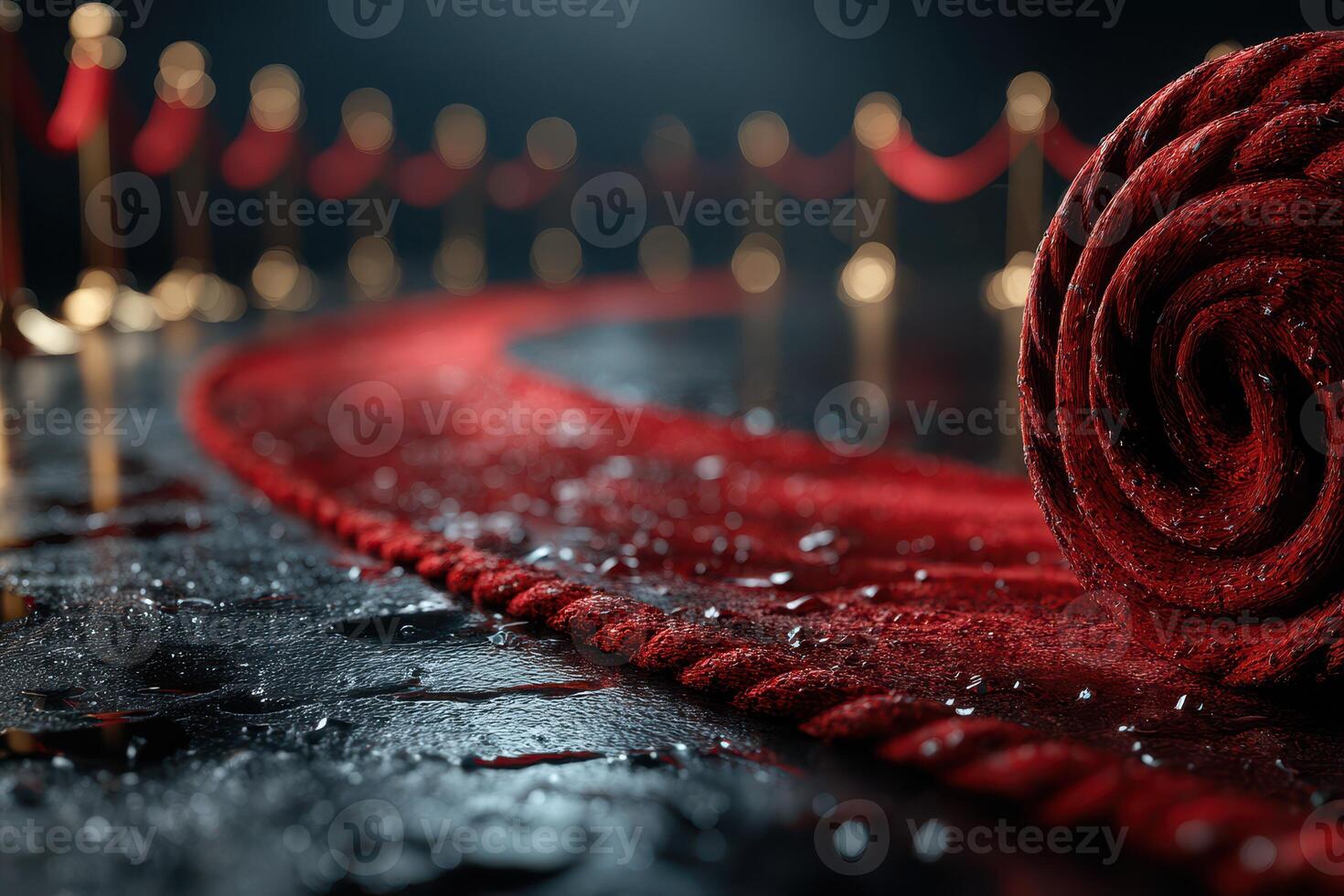 Elegant red carpet leads to a glamorous event with sparkling lights and golden stanchions in a sophisticated setting photo
