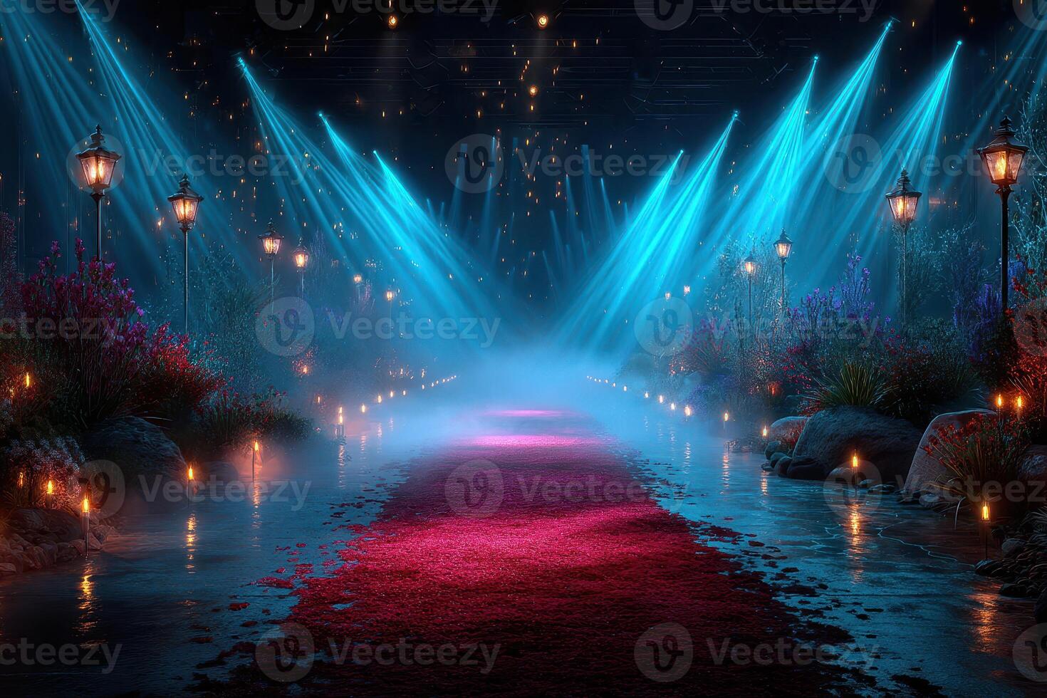 Bright lights illuminate a colorful pathway with glowing lanterns amidst a mystical atmosphere at night photo