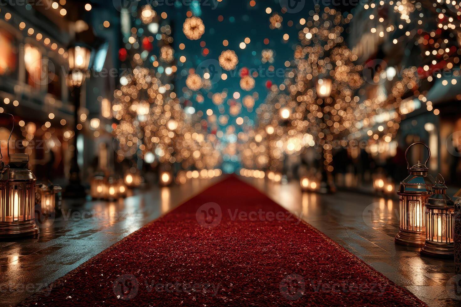 Festive night with a red carpet and glowing lanterns in a charming street photo
