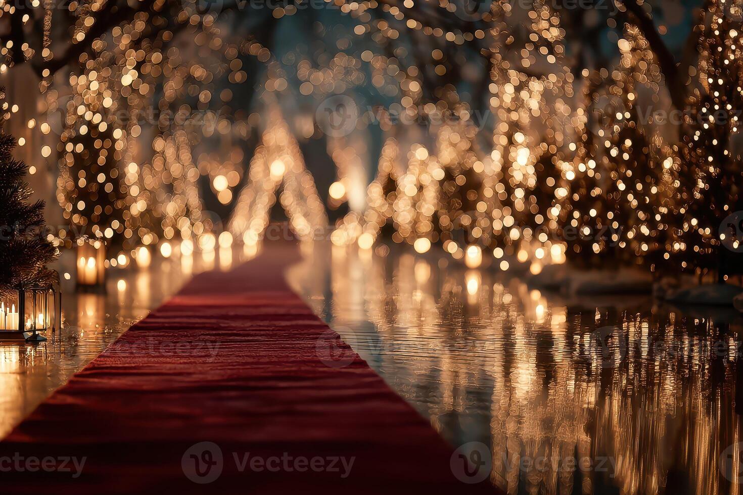 Elegant outdoor ceremony setup illuminated by string lights and candles for a romantic evening event photo