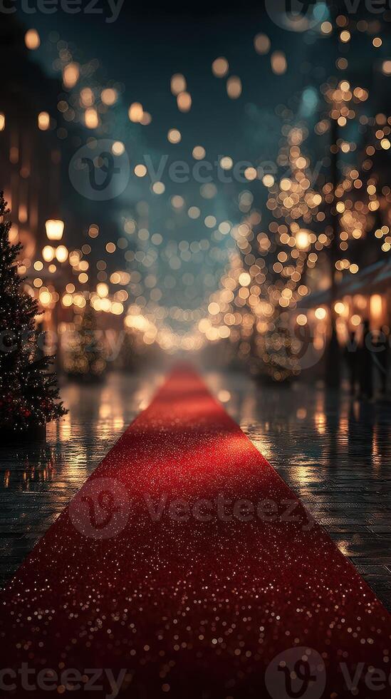 Elegant red carpet pathway adorned with festive lights during a winter evening celebration photo