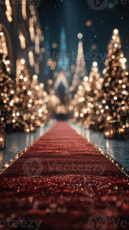Elegant pathway lined with festive trees and twinkling lights during a winter evening celebration photo