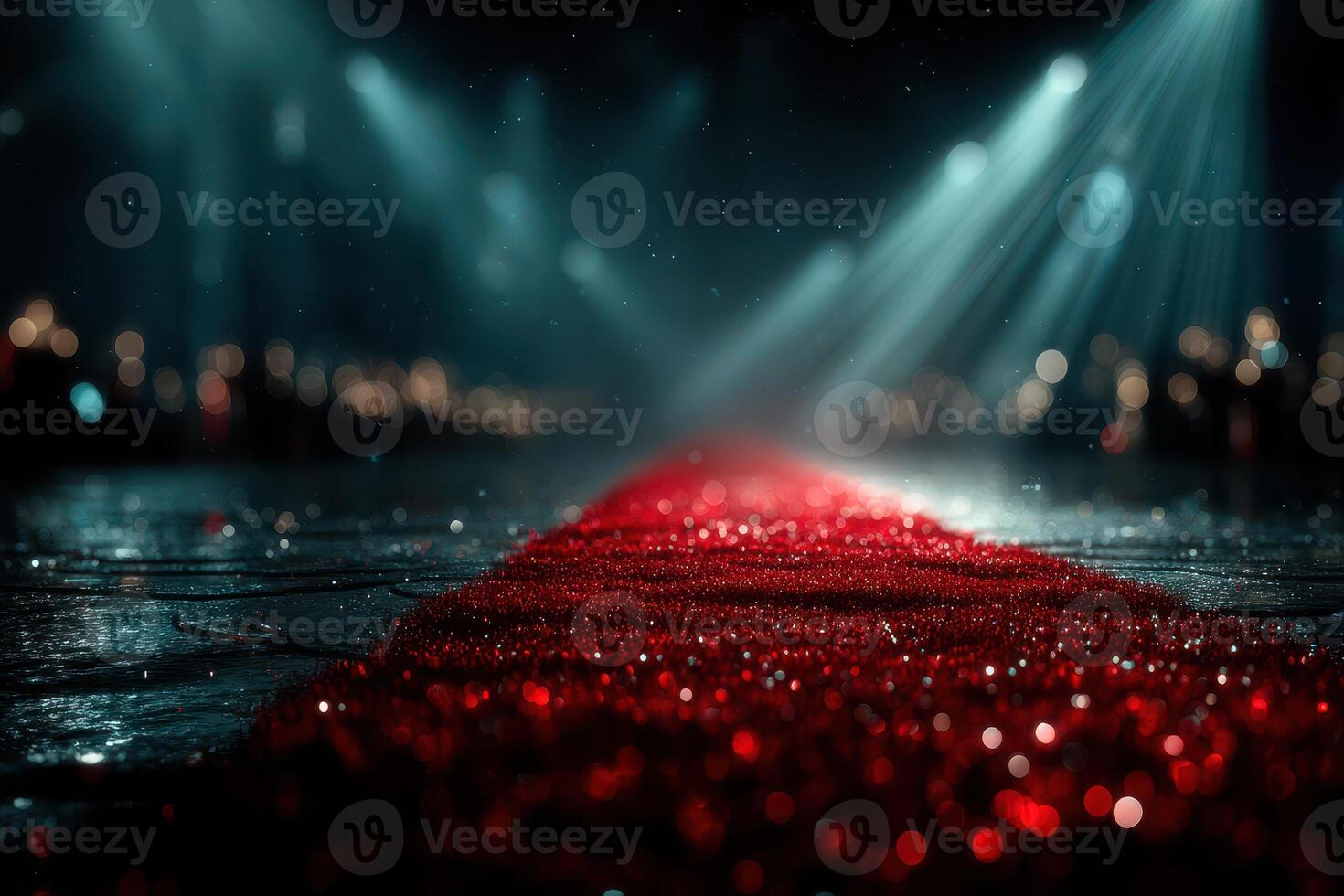 Elegant red carpet leading to a spotlight illuminated stage during a formal event at night photo