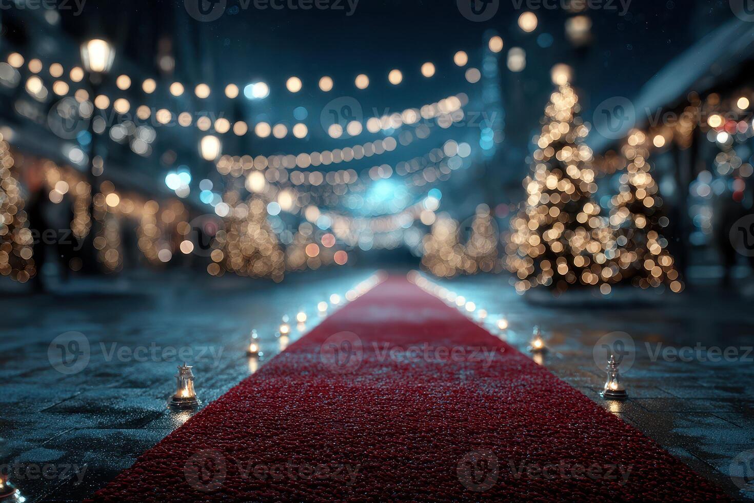 Red carpet lined with glowing lights in festive holiday setting at night, surrounded by decorated trees and soft reflections photo