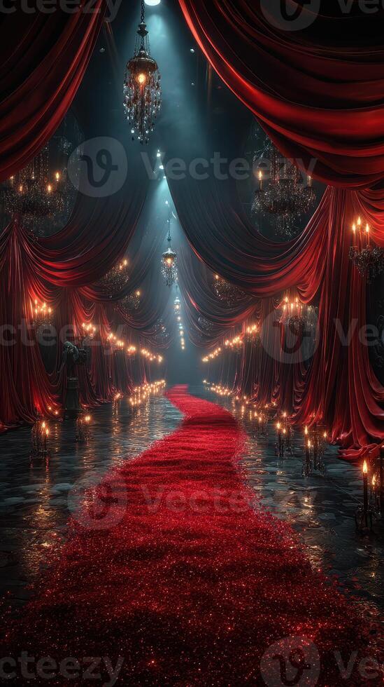 Lavish red carpet lined with candles and chandeliers in an elegant venue at dusk photo