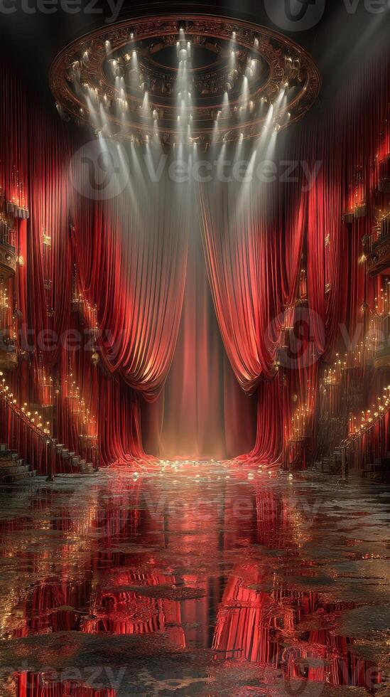 Beautiful theater stage with red velvet curtains and dramatic lighting in an elegant setting photo