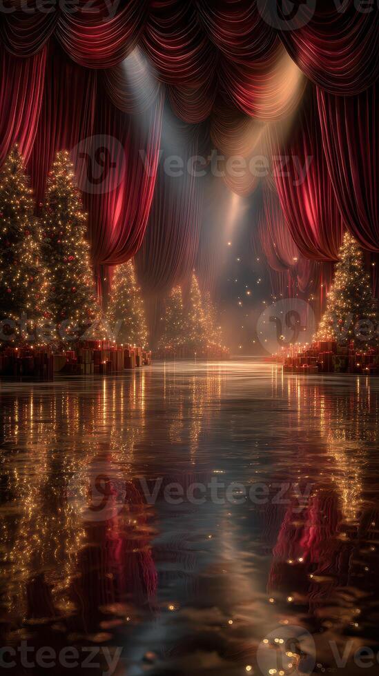Festive stage decorations with beautiful lights and reflections creating a magical atmosphere for winter celebrations photo