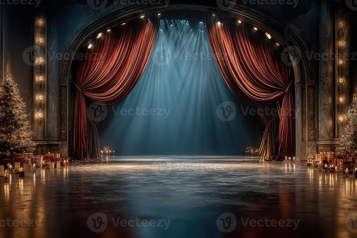 Stage ready for a grand performance with elegant curtains and festive decor during twilight photo