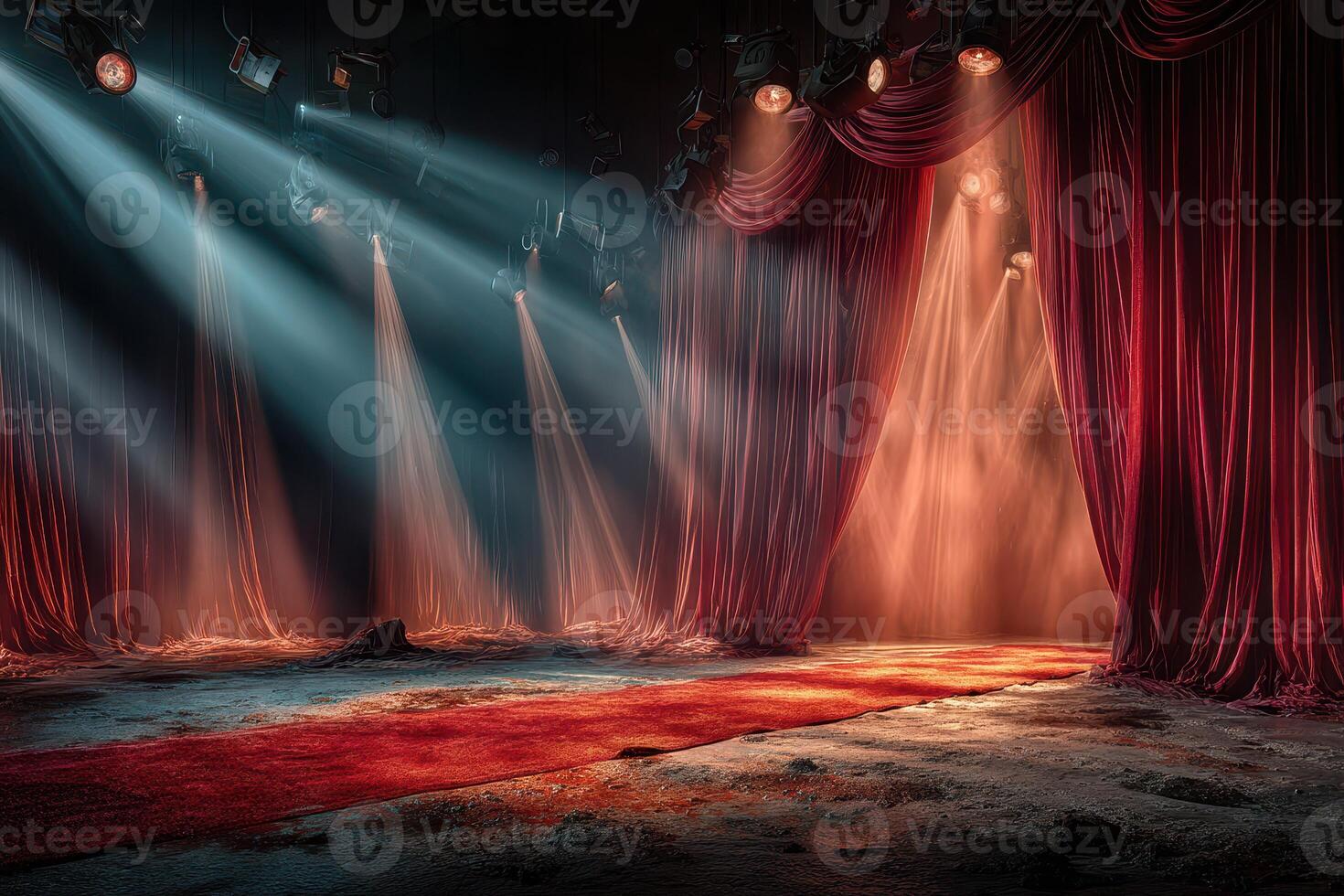 Stage set for a performance with rich red curtains and dramatic lighting showcasing an atmospheric ambiance photo