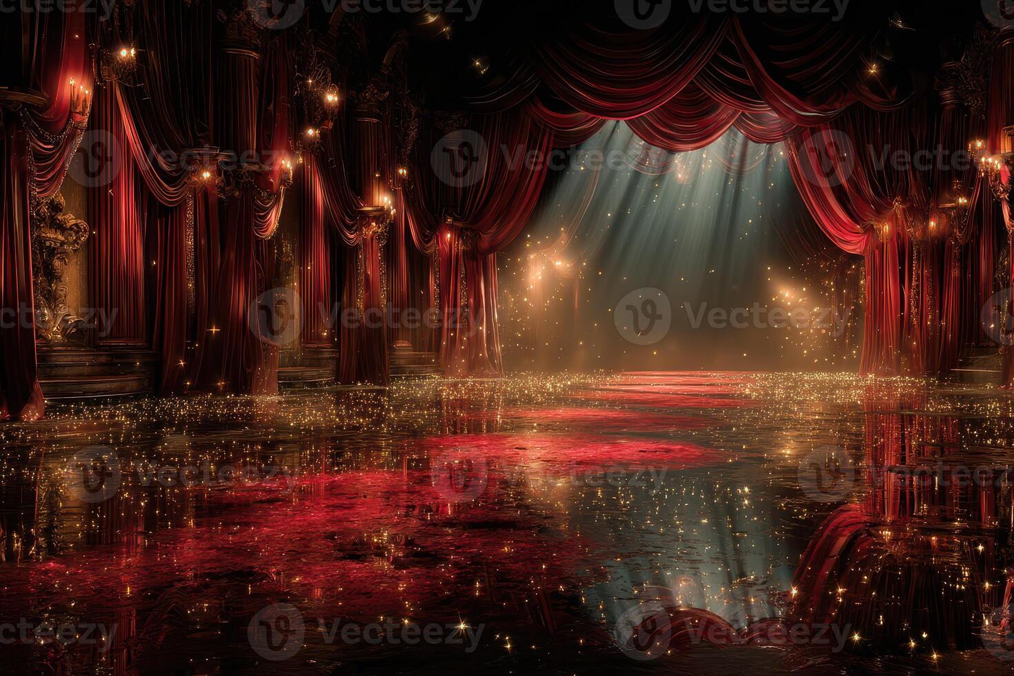 Enchanting theater stage illuminated by soft lights with sparkling elements and dramatic curtains photo