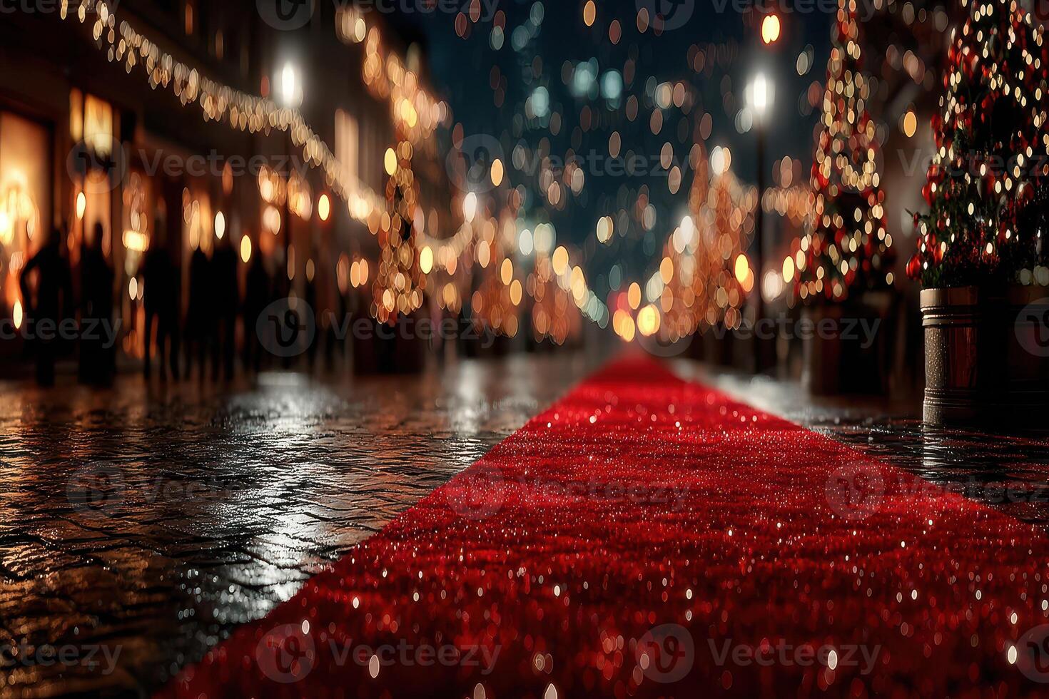 Festive red carpet event with twinkling lights and holiday decorations in a bustling city street at night photo