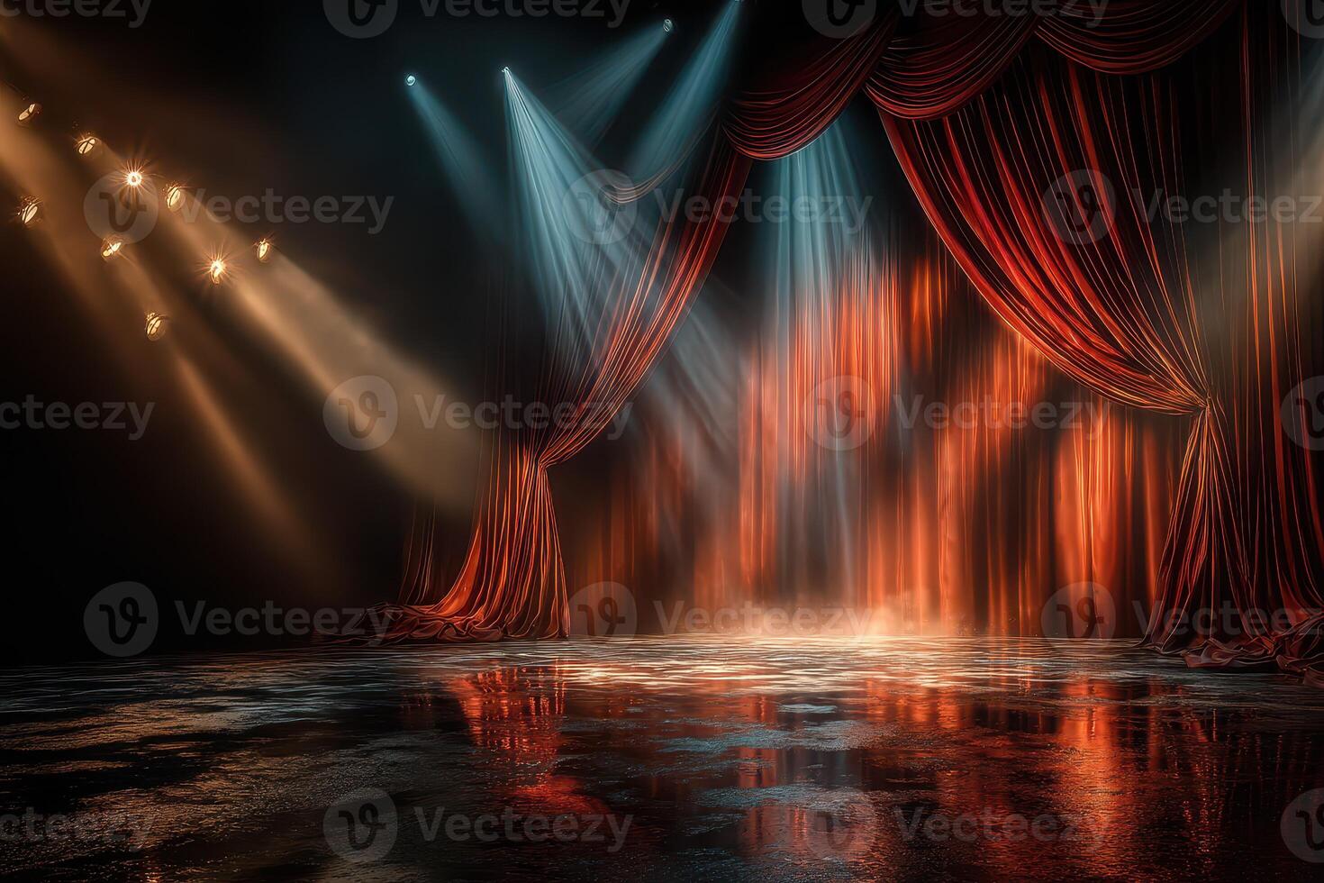 Dramatic theater stage with curtains and spotlight effects during a performance setup at night photo