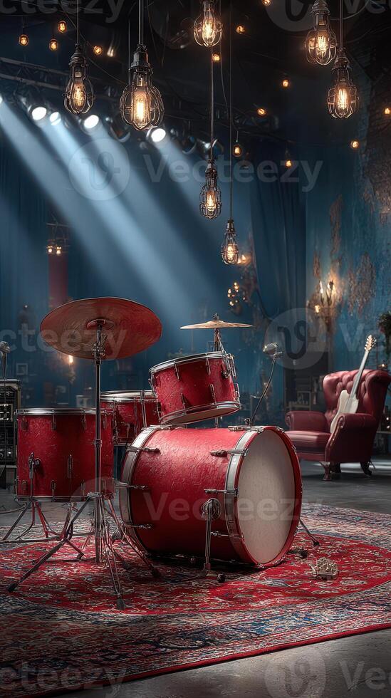 Red drum set in a dimly lit music studio featuring warm lighting and vintage decor photo
