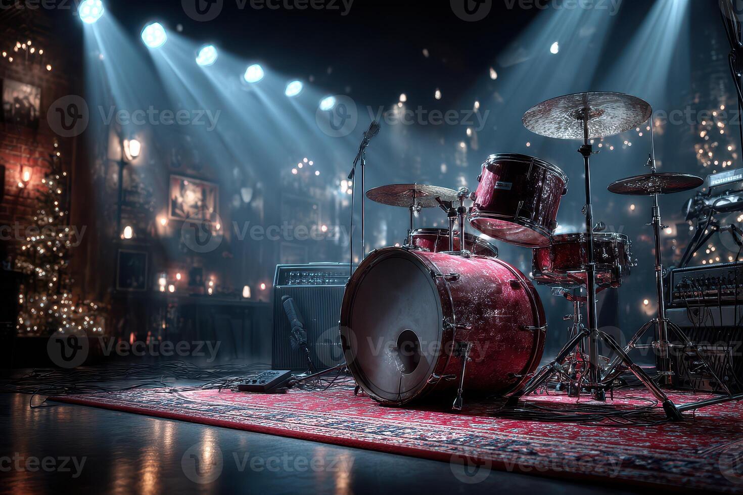 Vibrant music stage with drums ready for performance in an intimate venue photo