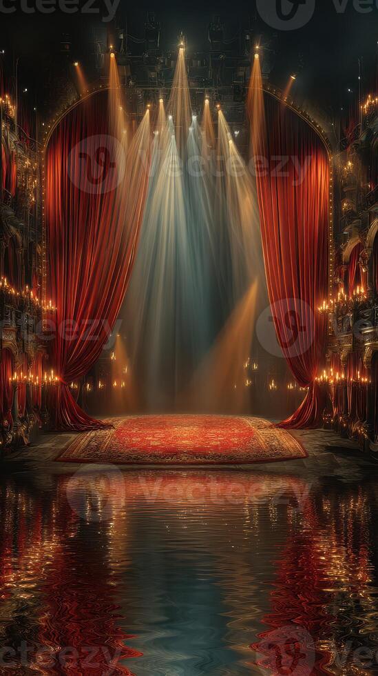 Elegant theater stage illuminated by soft lights and adorned with rich red curtains at night photo