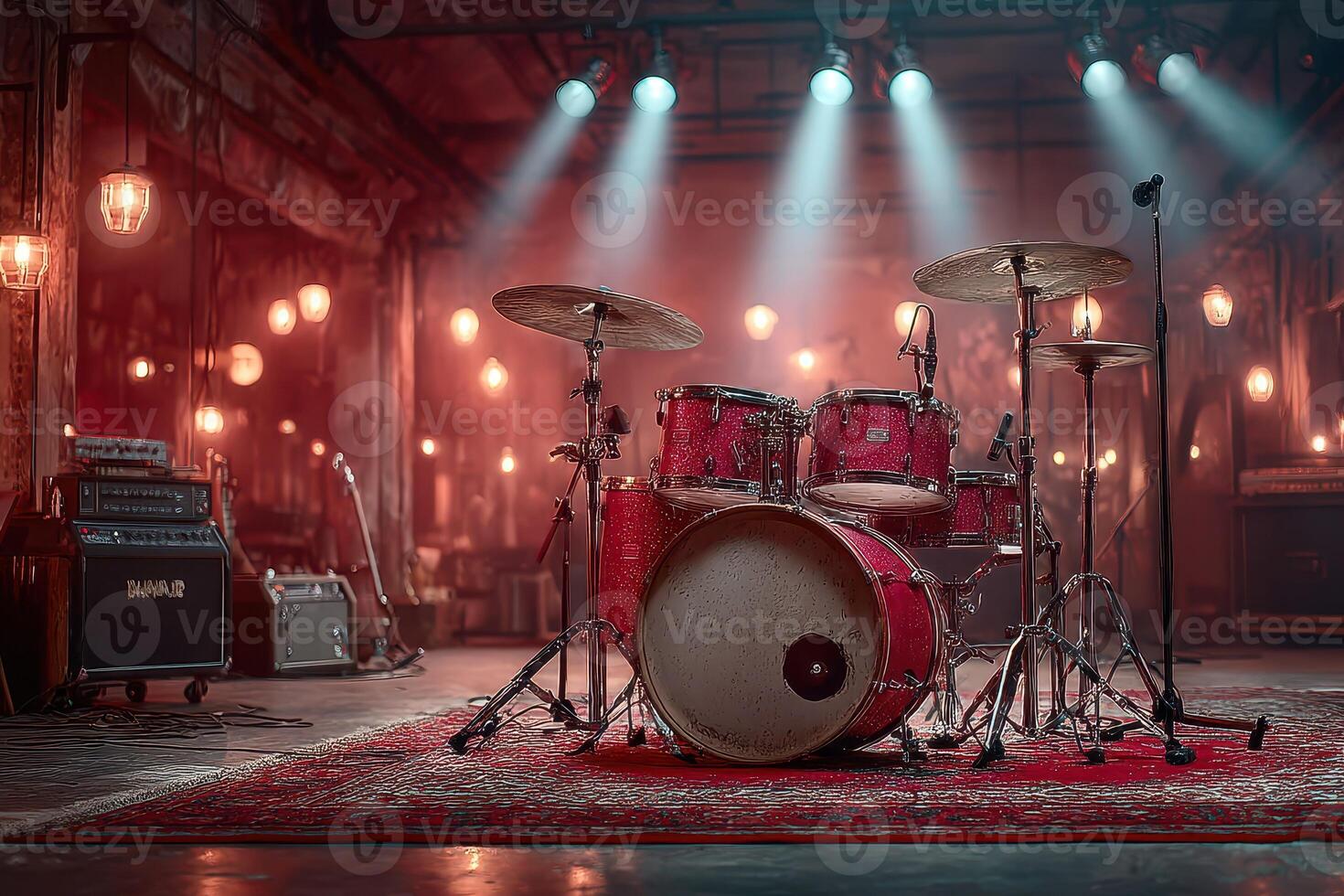 Drumming setup in a vintage music venue with warm lighting and atmospheric ambiance photo