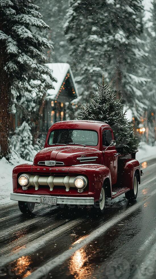 Vintage red truck carries a Christmas tree through snowy road in winter wonderland at dusk photo