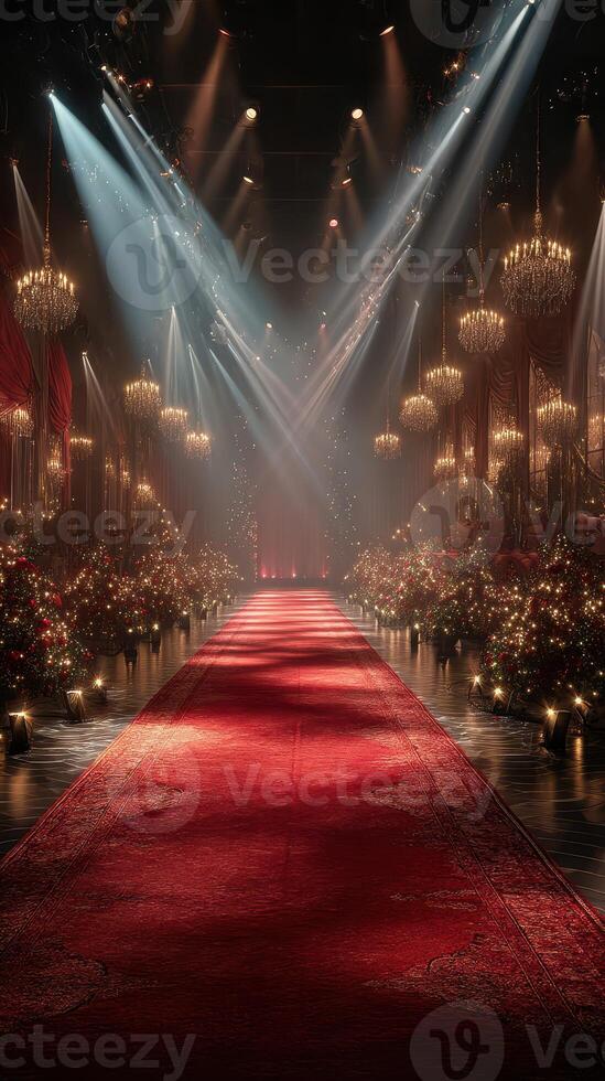 Elegant red carpet setting illuminated by chandelier lights for a glamorous event at night photo