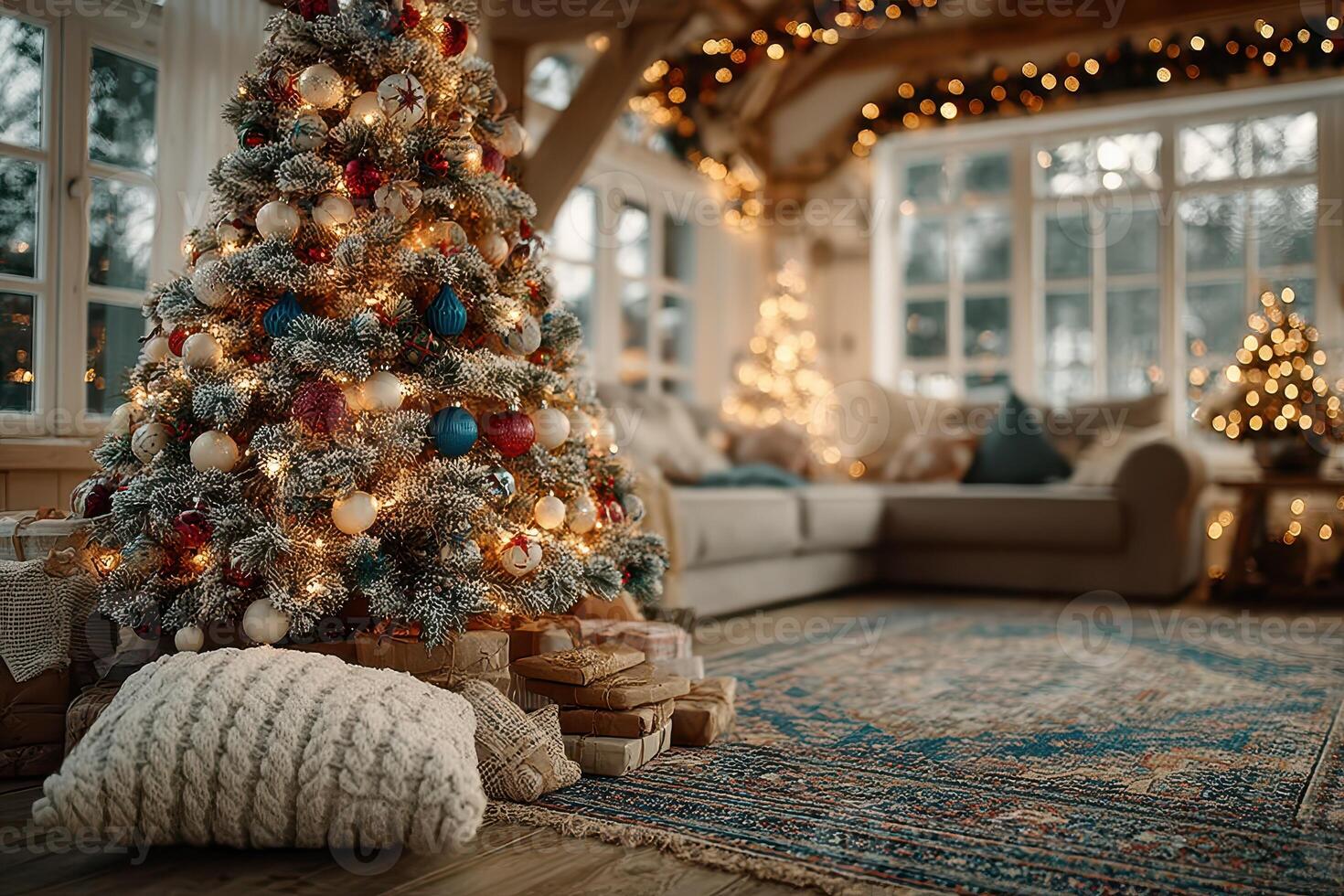 Cozy Christmas living room with decorated tree, lights, and warm ambiance in winter evening setting photo