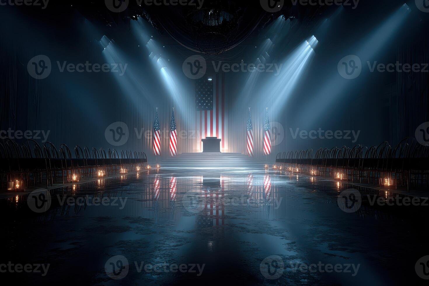 Ceremonial hall prepared for a significant event featuring American flags and dramatic lighting at night photo