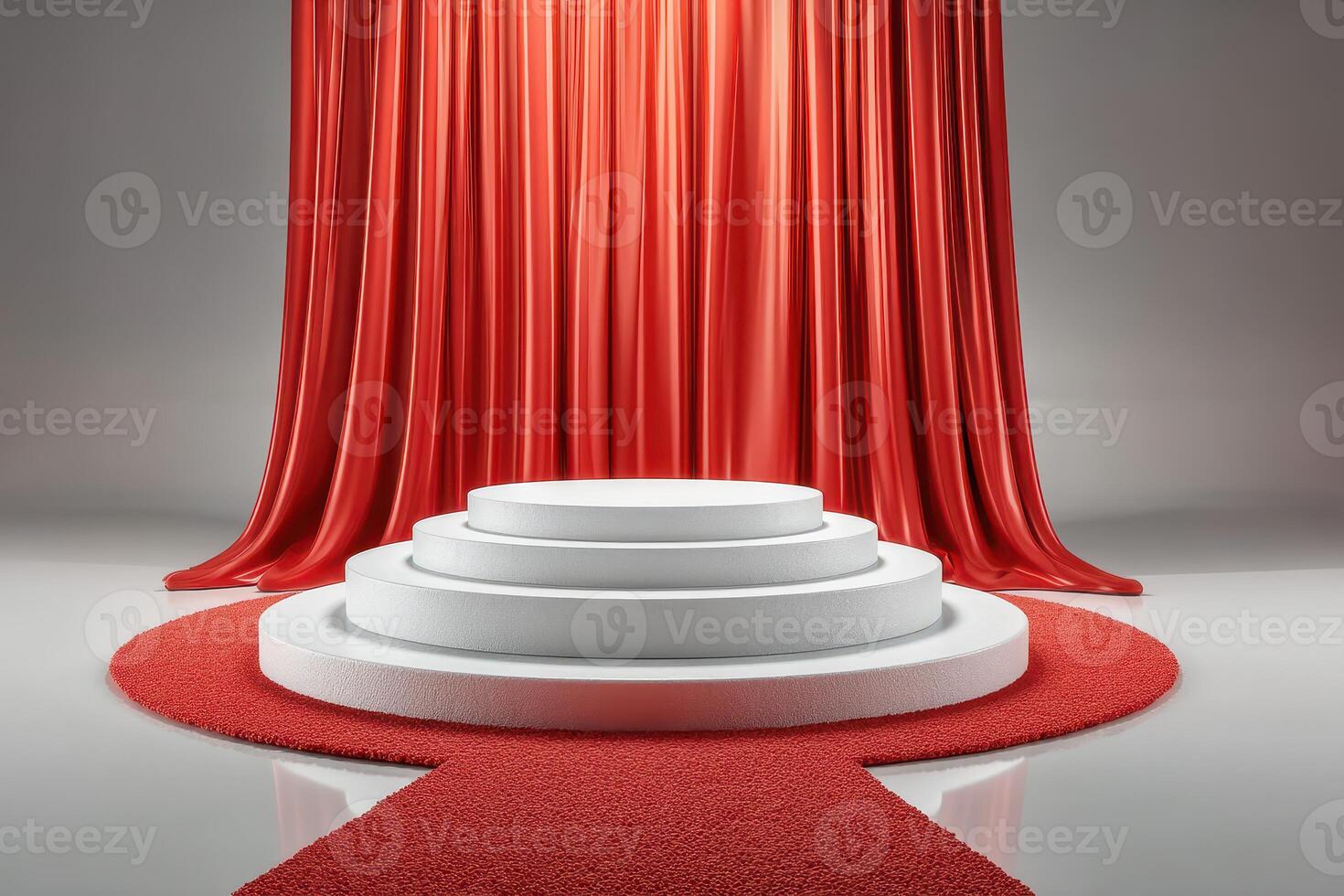 Elegant stage setup with red curtains and white podium for a special event or presentation in a modern venue photo