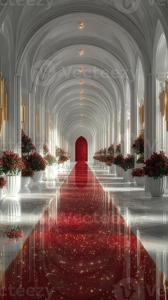 Elegant hallway featuring a red carpet, ornate arches, and floral decorations near a grand entrance at a luxurious venue photo
