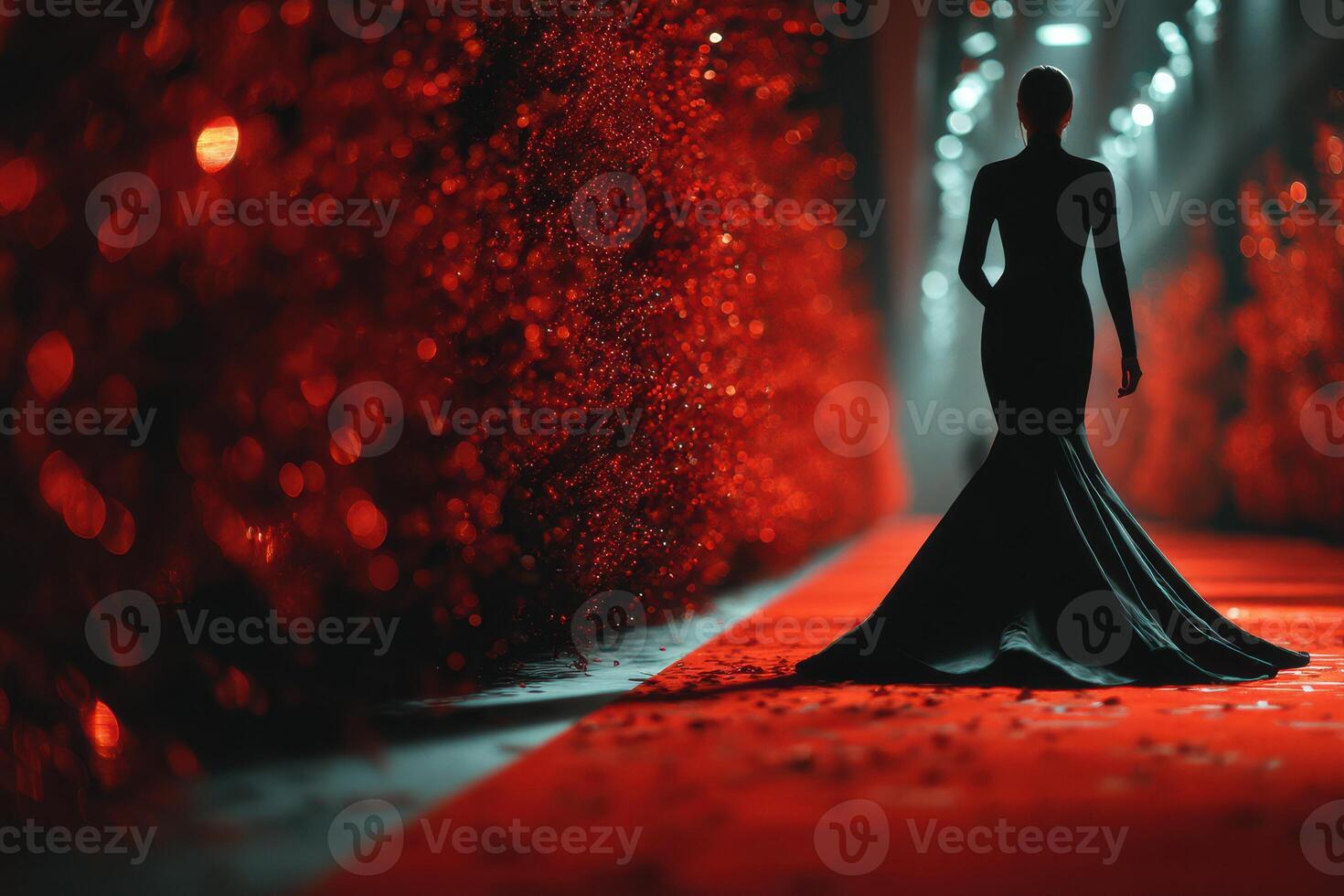Elegant model walking down a vibrant red carpet surrounded by lush decor during a glamorous evening event photo