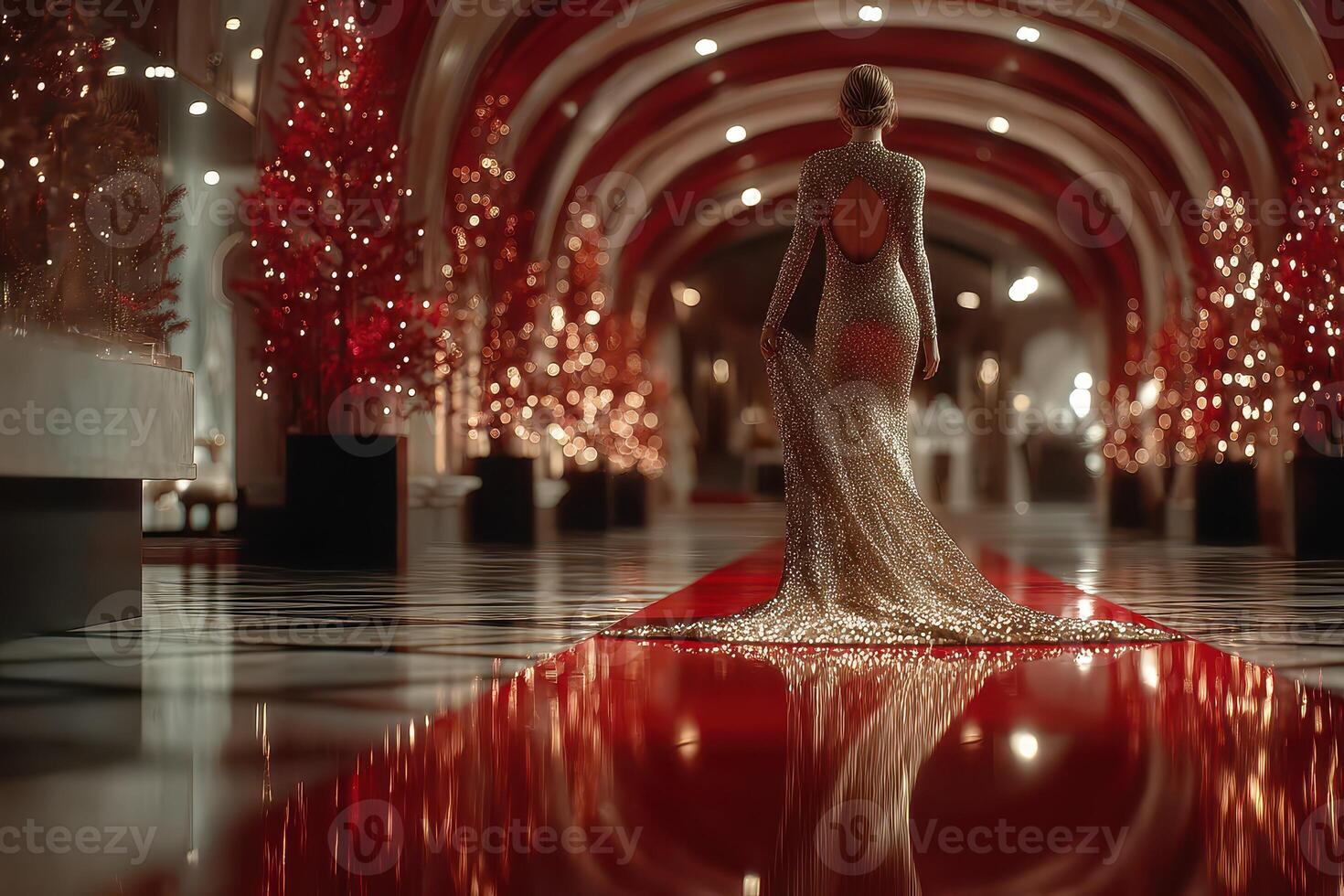 Elegant woman in sparkling gown walking down red carpet in festive hall with holiday decorations and warm lighting photo