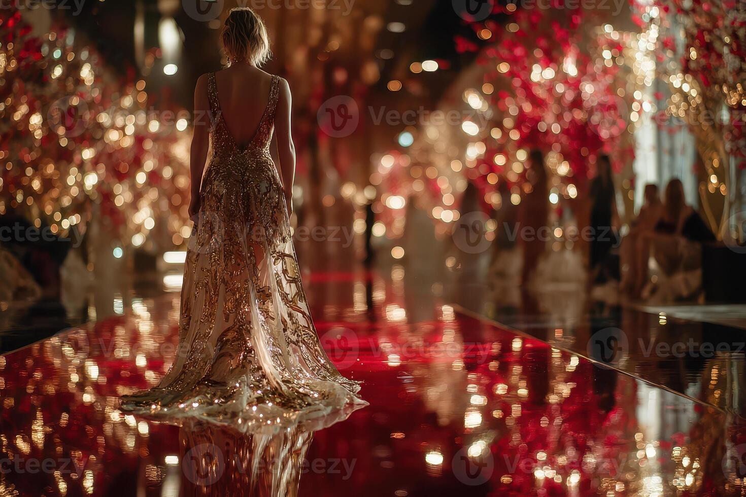Elegant evening gown shines at a glamorous event, showcasing sparkling decor and a festive atmosphere photo