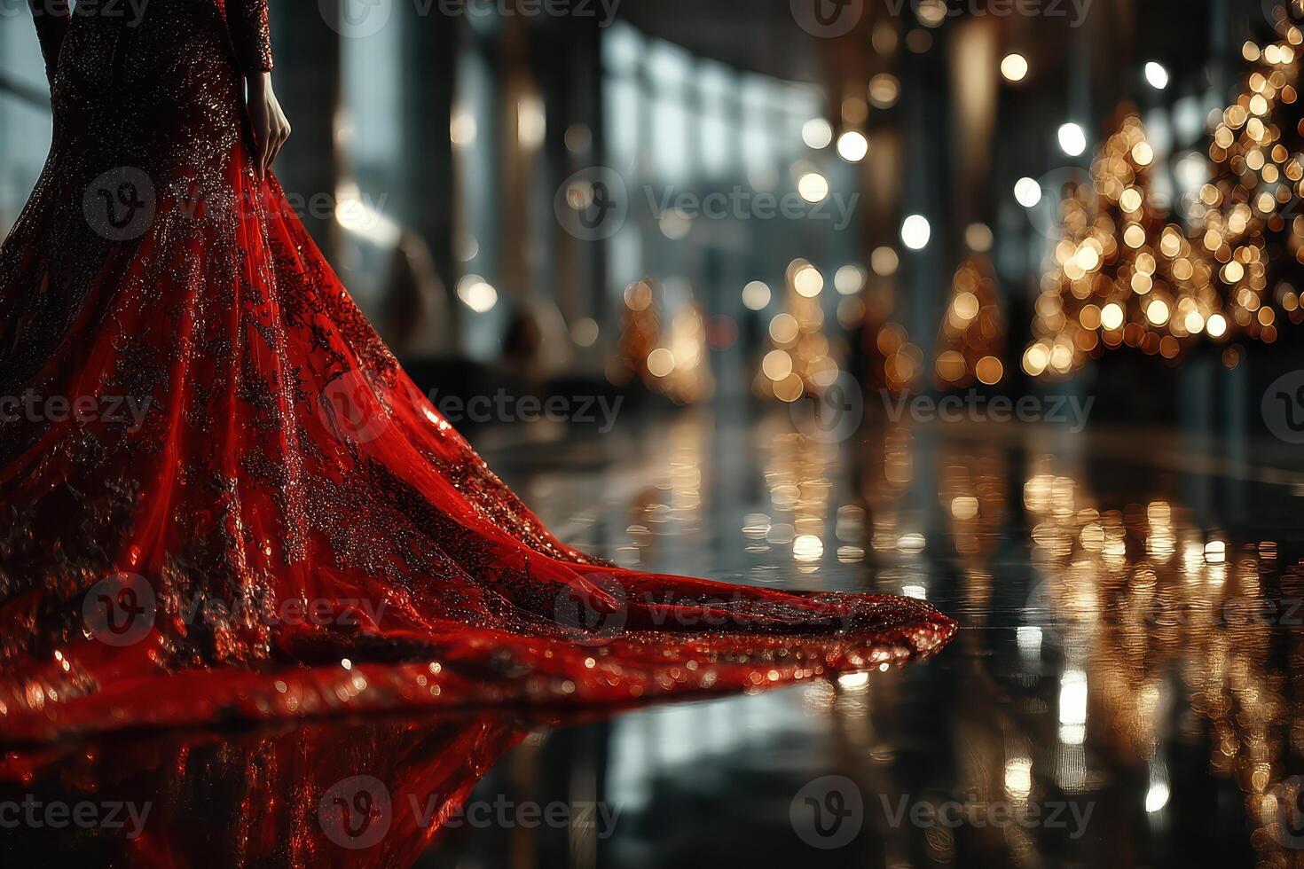 Elegant red gown on display at a luxury venue with festive lights and reflections during an evening event photo