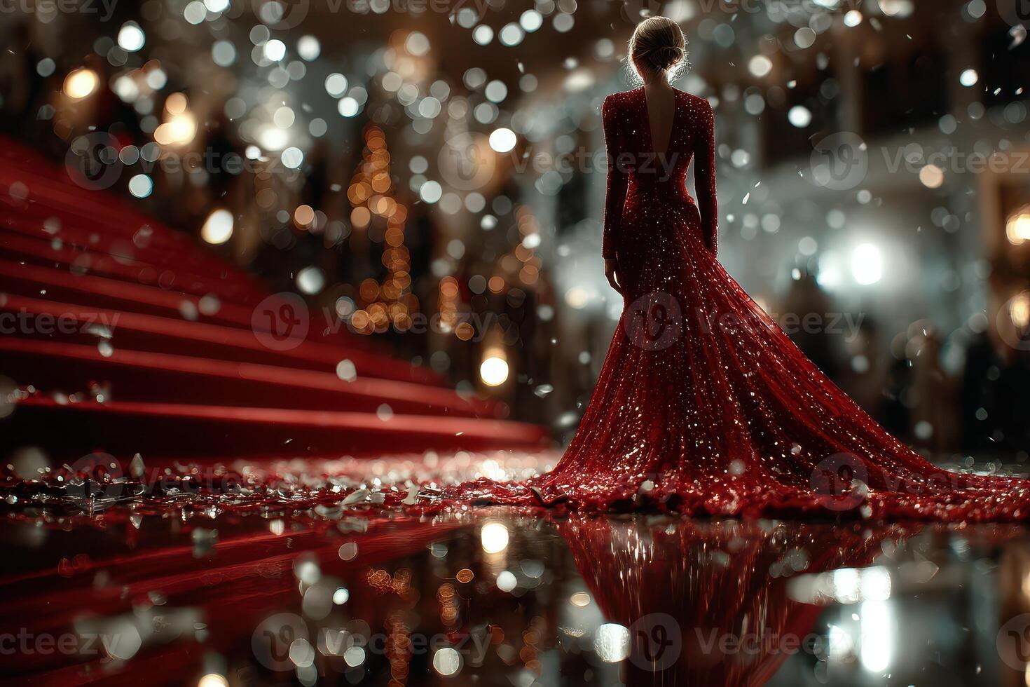 Model in red evening gown walks down staircase at elegant gala during winter season with sparkling lights in the background photo
