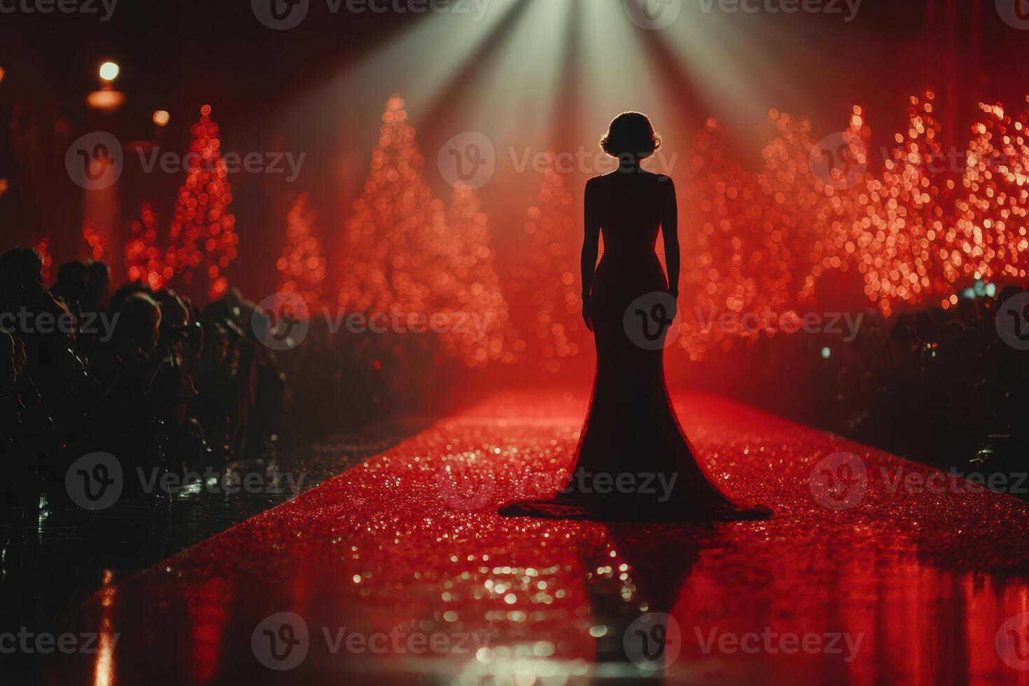 Silhouette of a model on a red runway surrounded by festive decorations during a glamorous fashion show at night photo