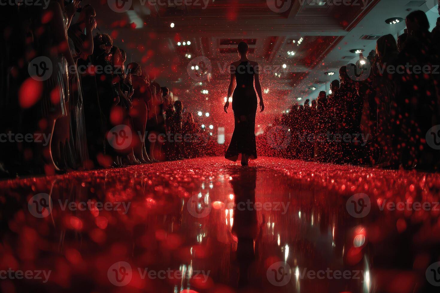 Elegant fashion model walks the runway surrounded by spectators with vibrant red lighting and sparkling elements photo