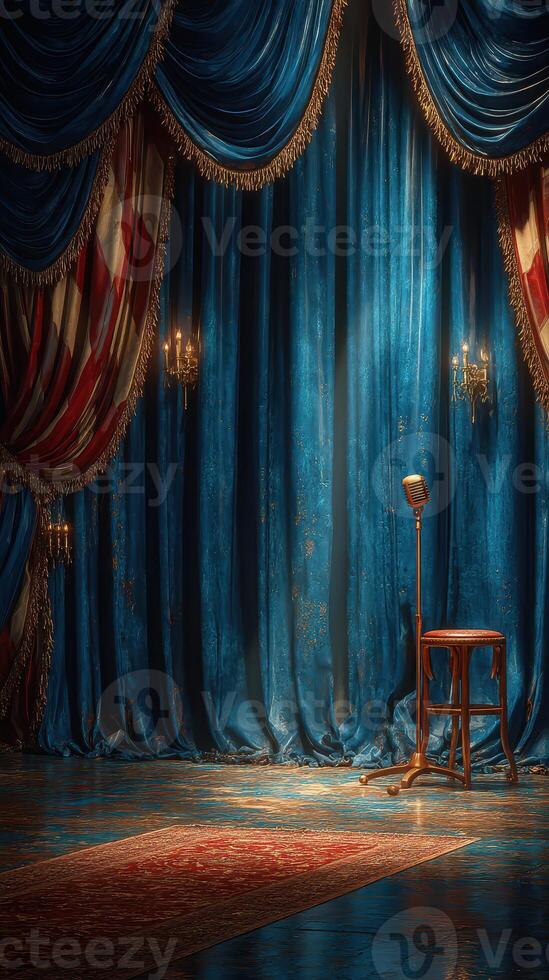 Vintage stage setup with blue velvet curtains and microphone waiting for performance photo