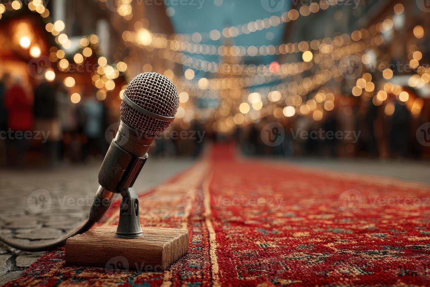 Microphone positioned on a wooden stand with blurred festive lights in a lively street during evening celebrations photo