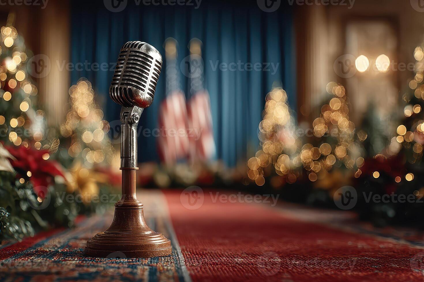 Classic microphone stands ready for speeches in a festive setting during the holiday season at an elegant venue photo
