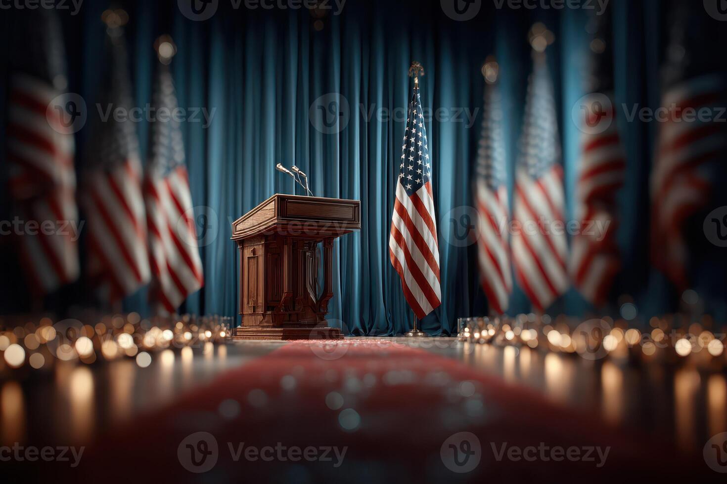 Ceremony setup with podium and American flags during a formal event in a hall photo