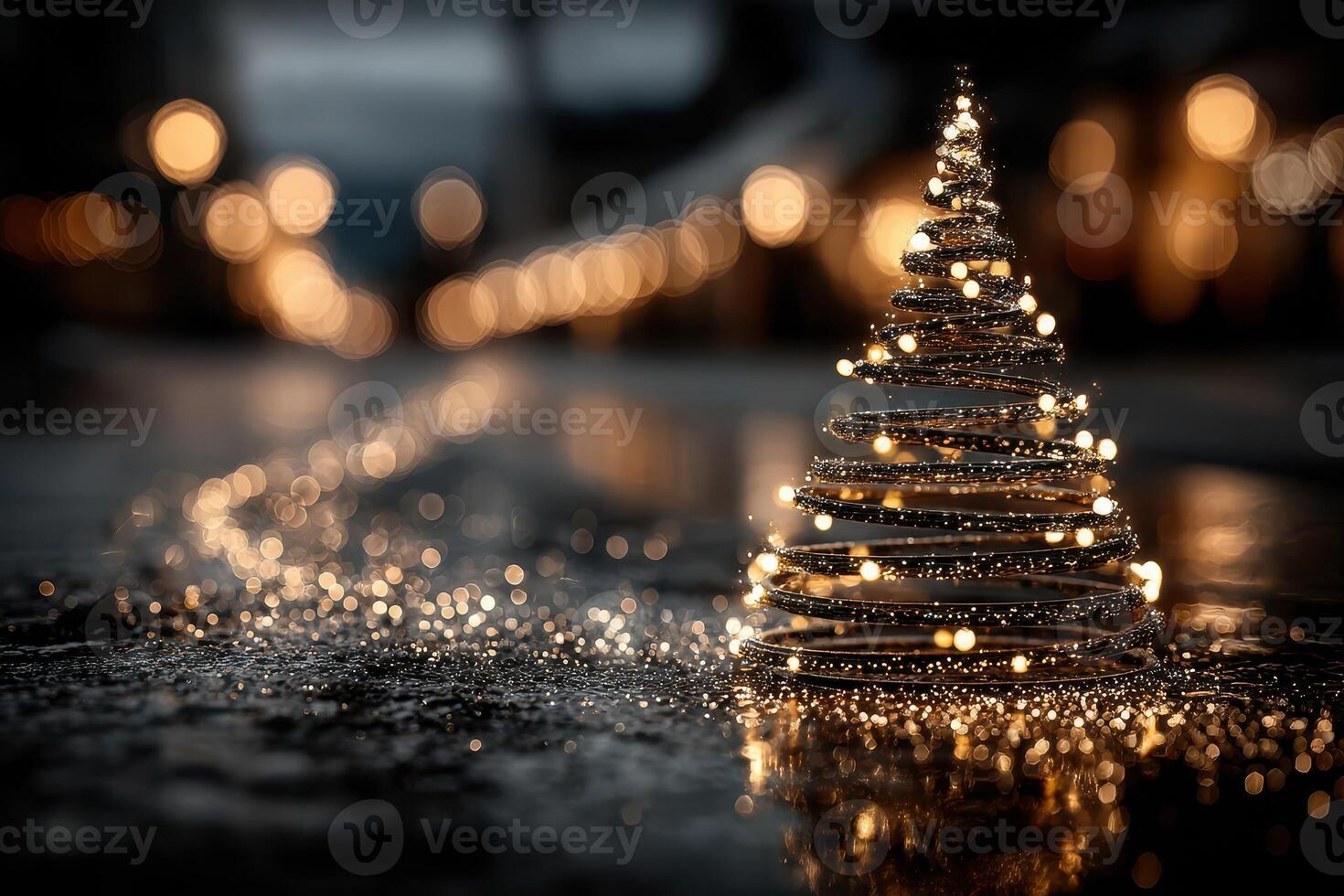 Creative holiday decoration with glowing lights and sparkles set against a blurred background at dusk photo