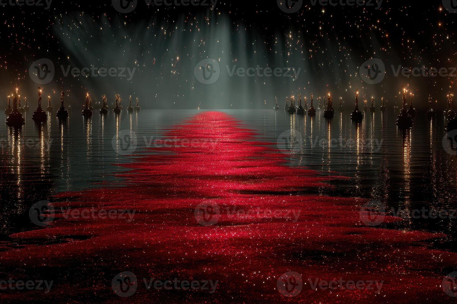 Illuminated pathway of light reflecting on water during a nighttime event with candle-like lights surrounding the area photo