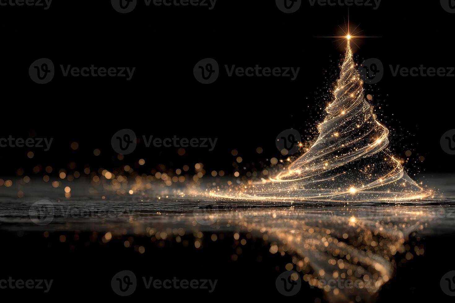 Sparkling Christmas tree lights illuminate a dark background creating a festive atmosphere with reflections on the surface photo