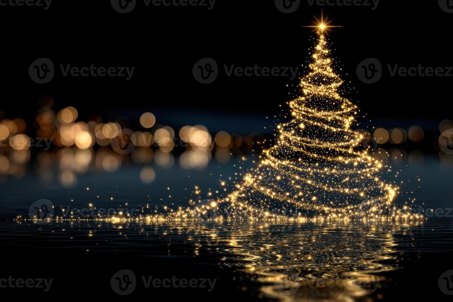 Twinkling Christmas tree creation shimmering in water with glowing lights during the holiday season photo