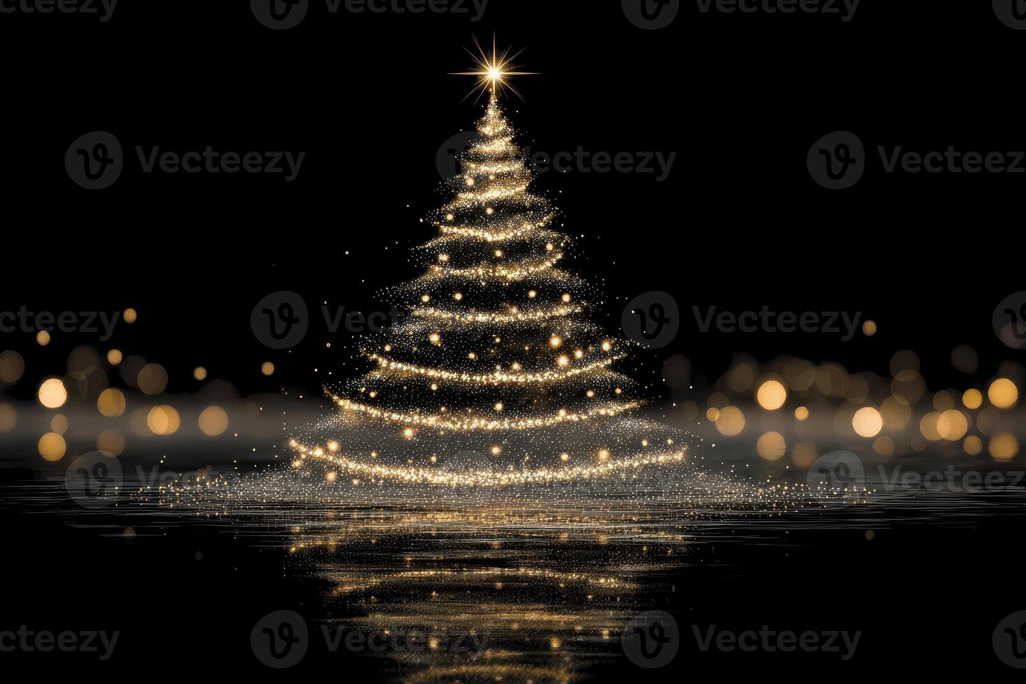 Elegant glowing Christmas tree displayed against a black background with sparkling lights reflecting on the surface photo
