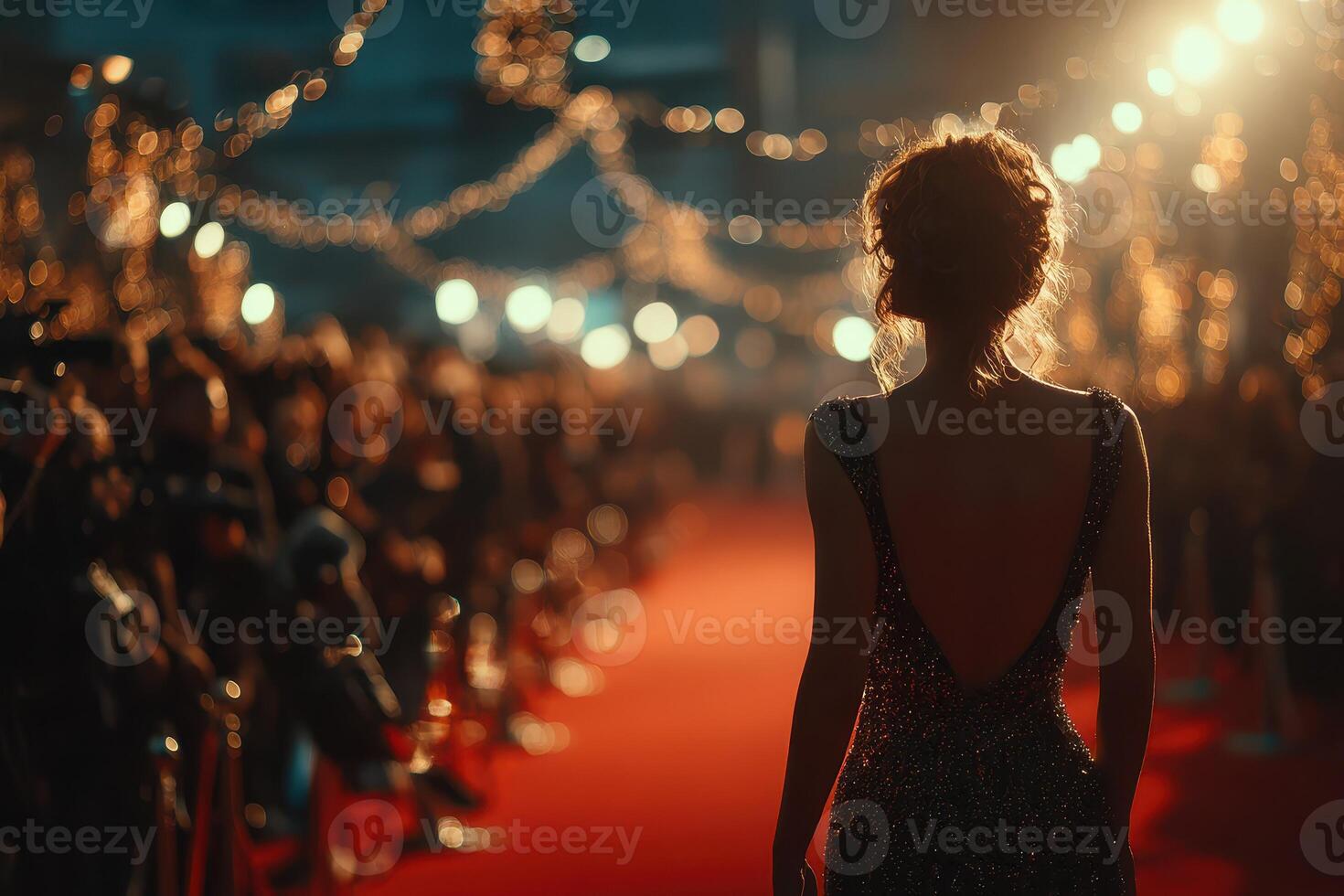 Model walks down red carpet at glamorous event with photographers capturing the moment during nighttime photo