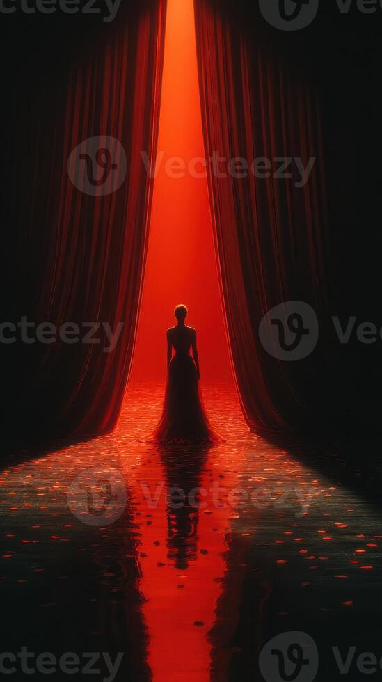 Elegant figure stands in a dramatic red-lit setting with flowing curtains and reflective floor during a theatrical performance photo