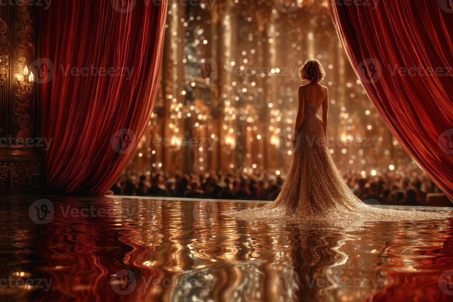 Elegant performer stands before an audience in a grand theater illuminated by twinkling lights during a captivating evening event photo