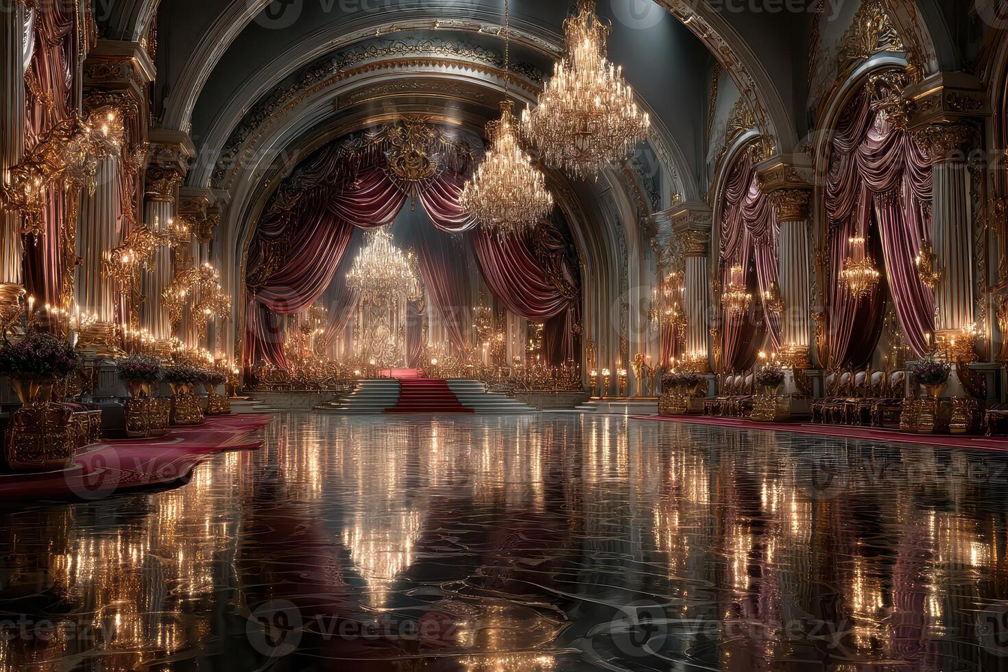 Majestic ballroom illuminated by chandeliers in an opulent palace setting during twilight hours photo