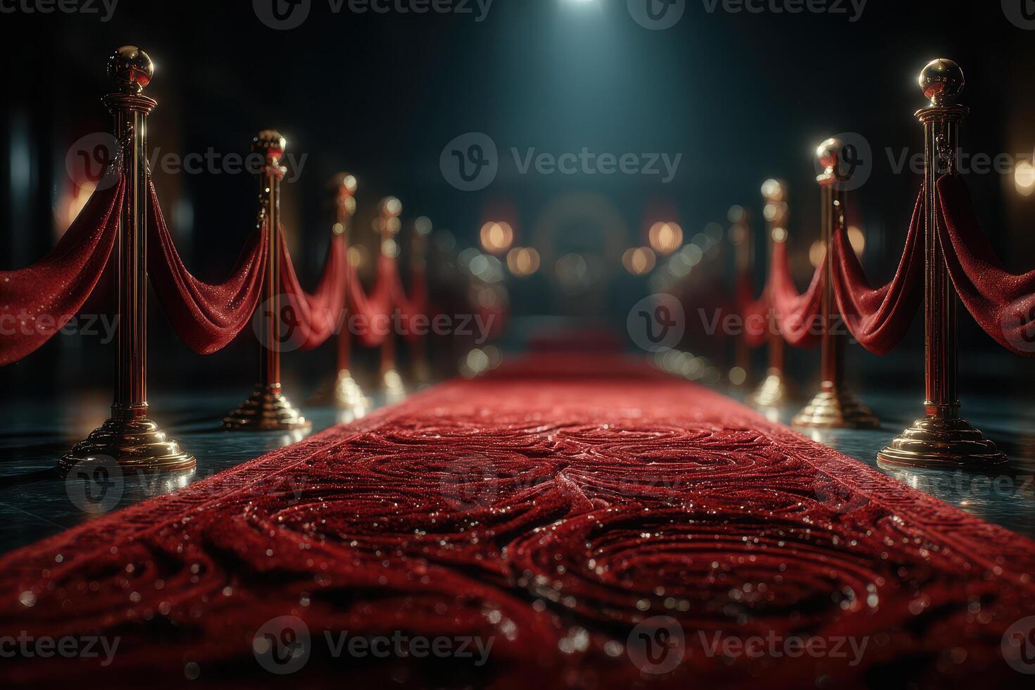 Elegant red carpet pathway lined with velvet ropes and golden stanchions in dimly lit venue during a formal event photo