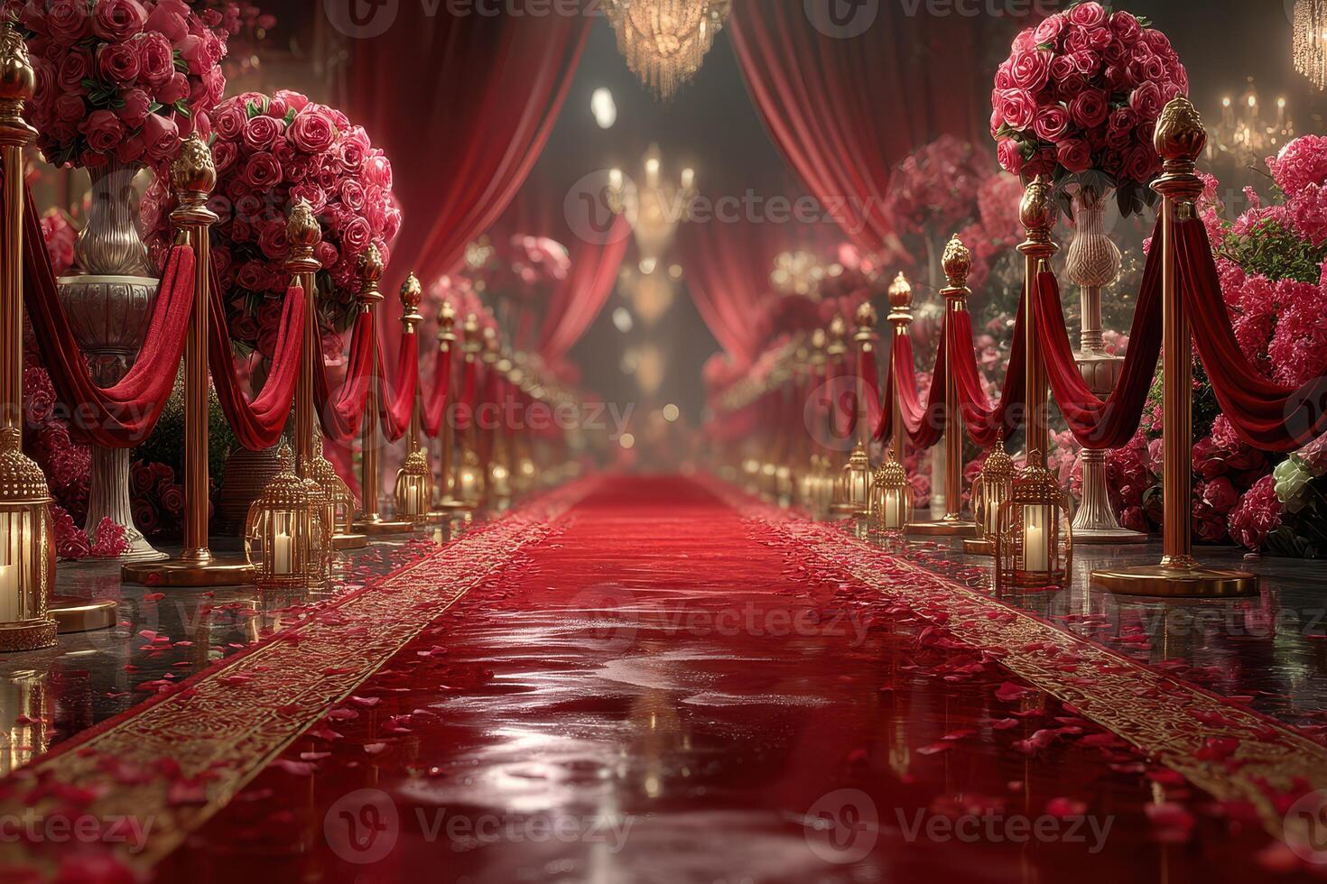 Luxurious wedding aisle adorned with red roses and golden decor in an elegant venue photo
