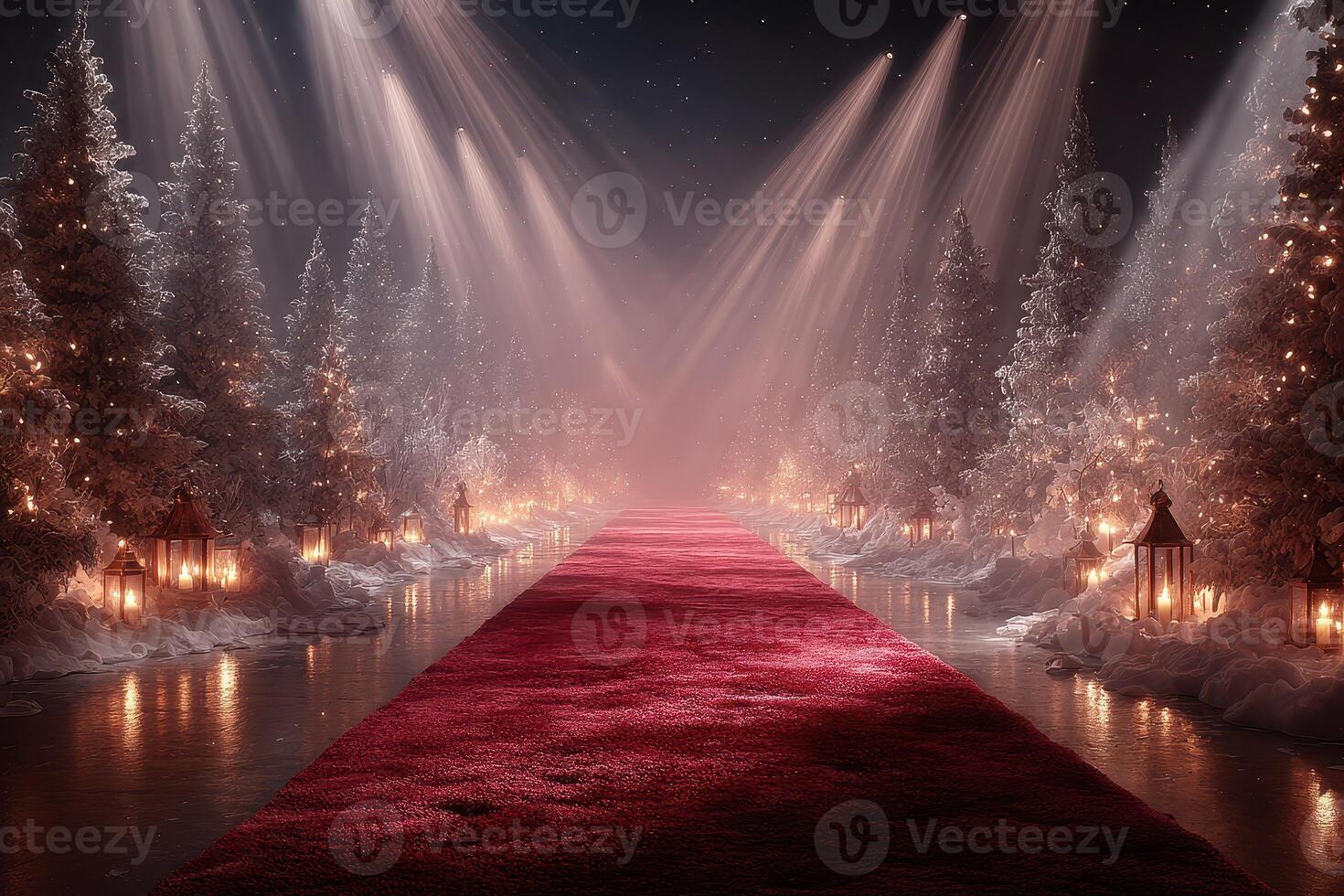 Elegant winter gala pathway illuminated by lights and lined with frosted trees and lanterns in a serene setting photo